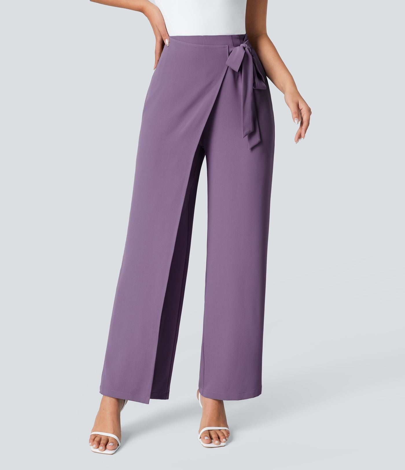Women’s High Waist Wrap Pants with Wide Leg and Side Slit