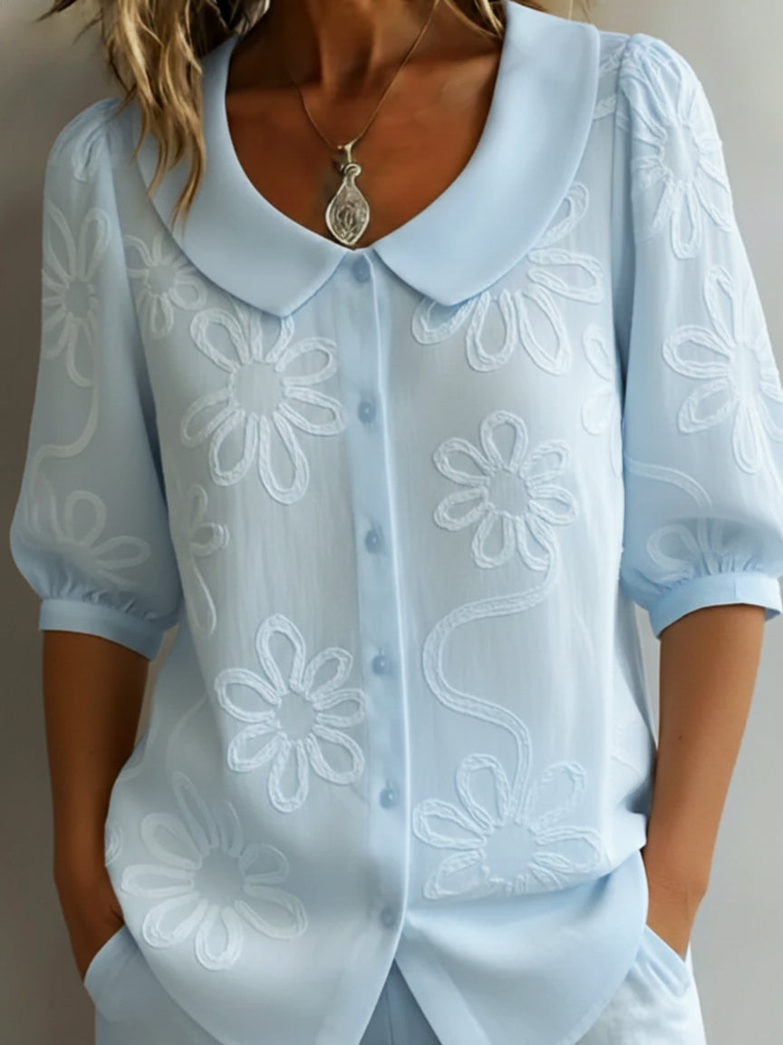 Women's Floral Embroidered Blouse with Peter Pan Collar