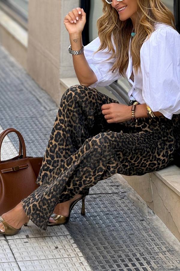 Women’s High Waist Leopard Wide Leg Pants with Flowing Fit