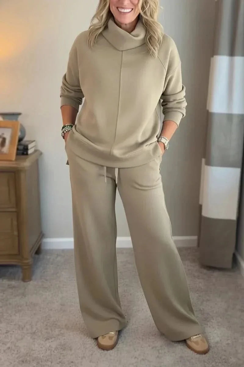 Women's Turtleneck Loungewear Set with Wide Leg Pants Cozy Two Piece