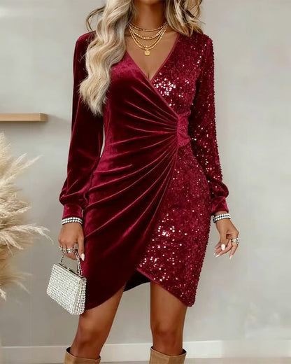 Women’s Velvet Sequin Wrap Mini Dress with Long Sleeves and Draped Waist