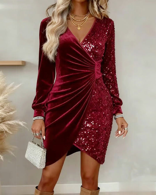 Women’s Velvet Sequin Wrap Mini Dress with Long Sleeves and Draped Waist