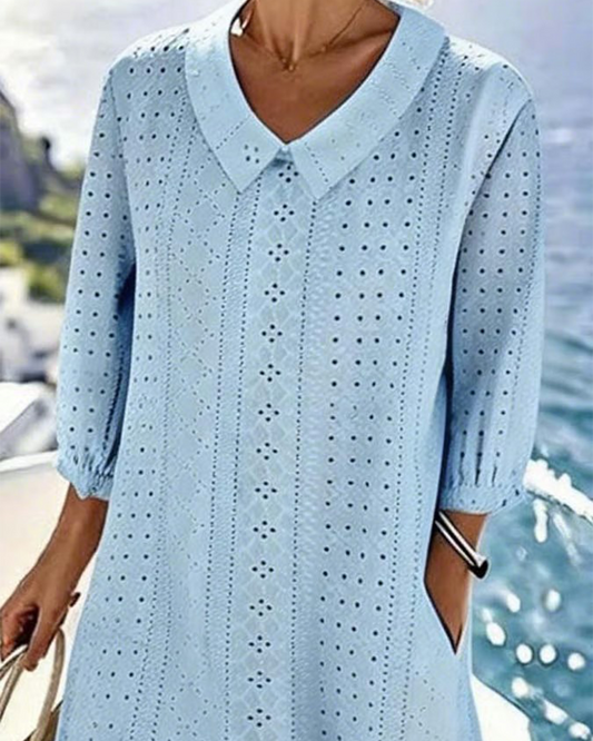 Women's Button Front Eyelet Midi Dress with 3/4 Sleeves