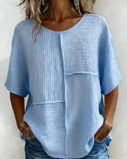 Women's Textured Patchwork Top with Round Neck and Short Sleeves