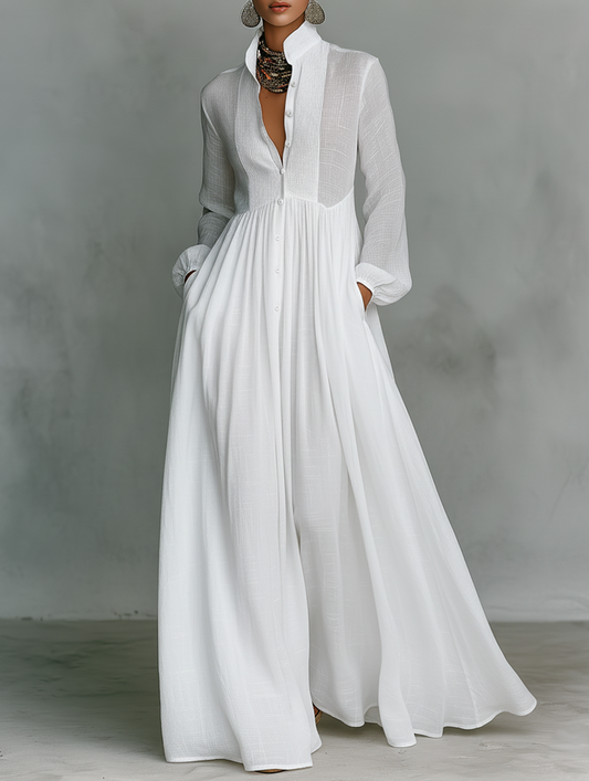 Women's Elegant Maxi Shirt Dress Long Sleeve Button Up Flowy Dress
