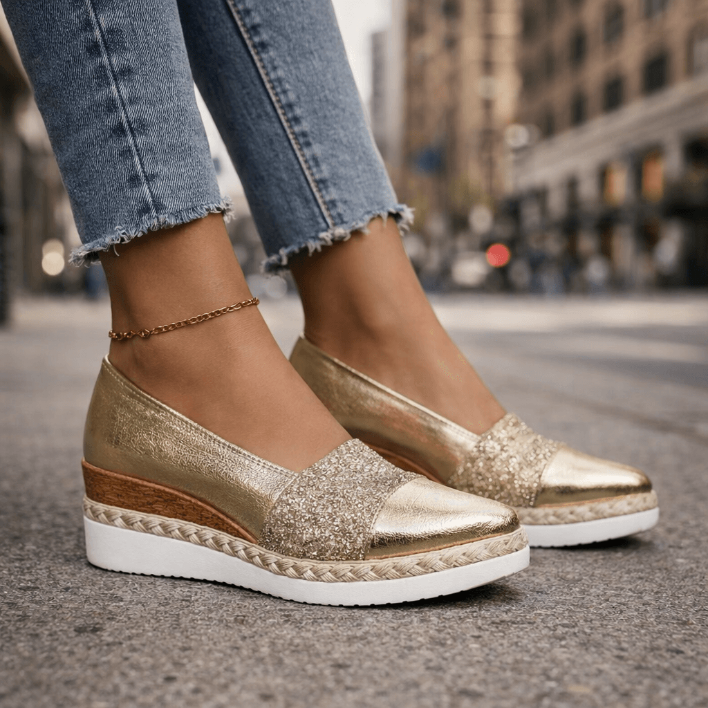 Women’s Glitter Wedge Loafers with Slip On Design and Cushioned Sole