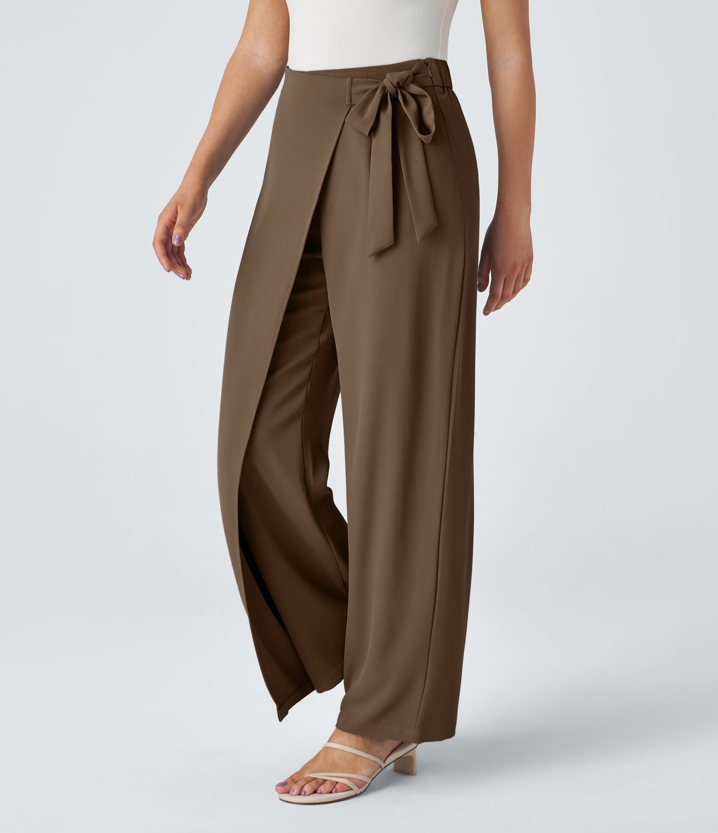 Women’s High Waist Wrap Pants with Wide Leg and Side Slit