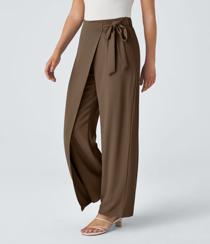Women’s High Waist Wrap Pants with Wide Leg and Side Slit