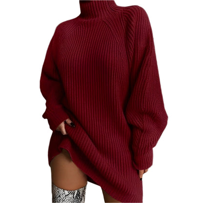 Langes Geripptes Strickkleid Mit Pullover Stil Für Damen