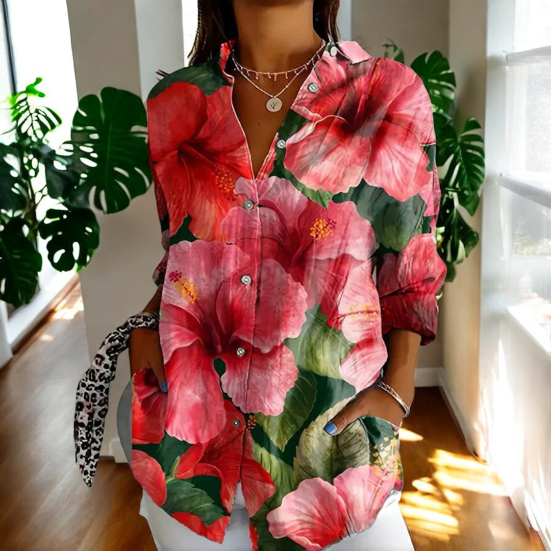Women's V-Neck Button Blouse  Elegant Relaxed Fit Lightweight Work Shirt