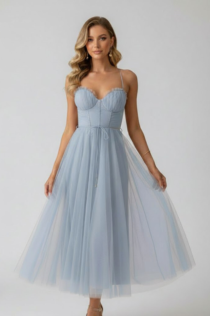 Lorienne | Elegant Sweetheart Neck Wedding Guest Dress with Layered Tulle Skirt
