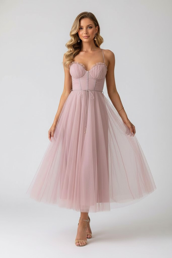 Lorienne | Elegant Sweetheart Neck Wedding Guest Dress with Layered Tulle Skirt