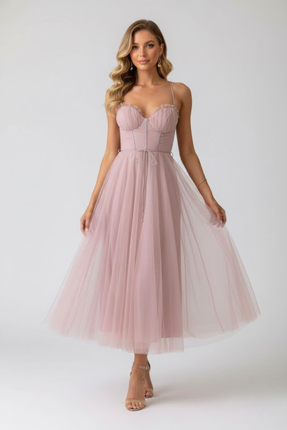 Lorienne | Elegant Sweetheart Neck Wedding Guest Dress with Layered Tulle Skirt
