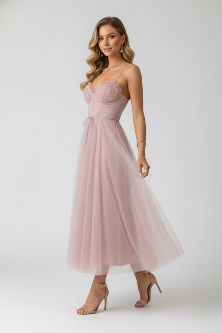 Lorienne | Elegant Sweetheart Neck Wedding Guest Dress with Layered Tulle Skirt