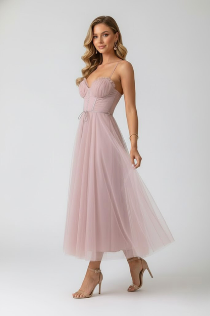 Lorienne | Elegant Sweetheart Neck Wedding Guest Dress with Layered Tulle Skirt