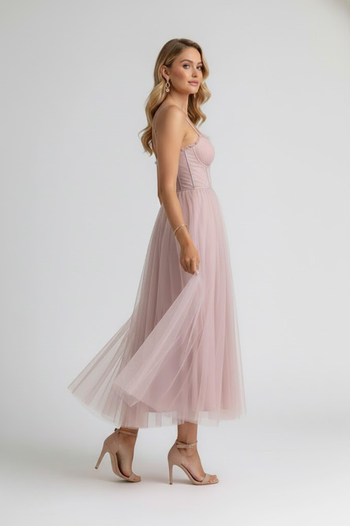 Lorienne | Elegant Sweetheart Neck Wedding Guest Dress with Layered Tulle Skirt