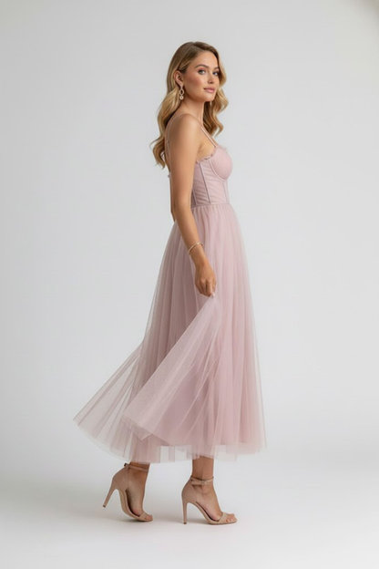 Lorienne | Elegant Sweetheart Neck Wedding Guest Dress with Layered Tulle Skirt
