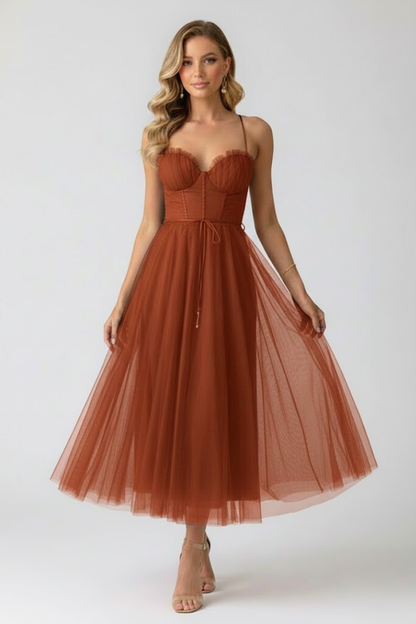 Lorienne | Elegant Sweetheart Neck Wedding Guest Dress with Layered Tulle Skirt