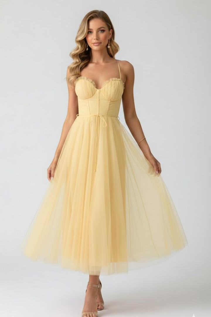 Lorienne | Elegant Sweetheart Neck Wedding Guest Dress with Layered Tulle Skirt