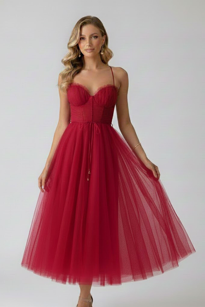 Lorienne | Elegant Sweetheart Neck Wedding Guest Dress with Layered Tulle Skirt