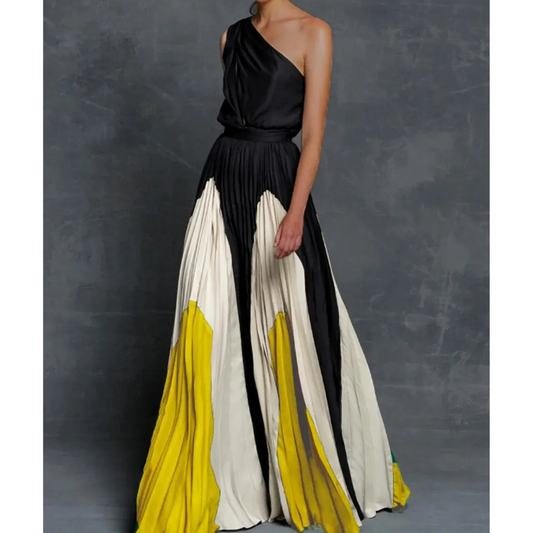 Women’s One Shoulder Artistic Pleated Elegant Evening Maxi Dress