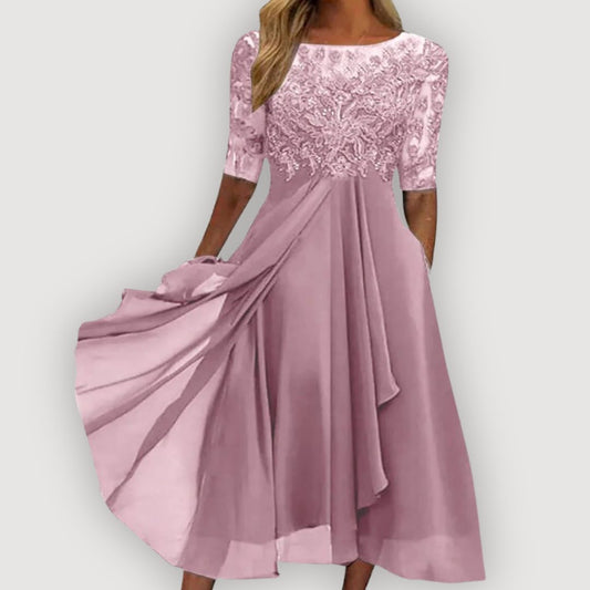 Women's Lace Bodice Midi Dress with Chiffon Skirt