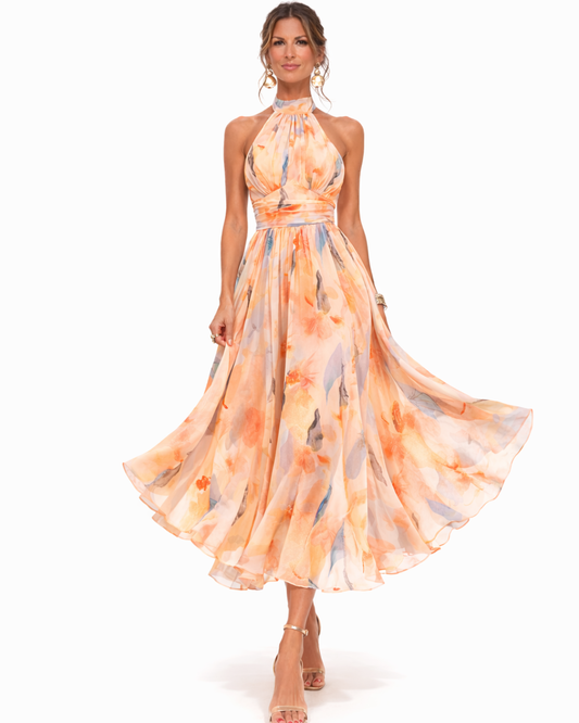 Women's Halter Neck Floral Midi Dress with Flowing Skirt