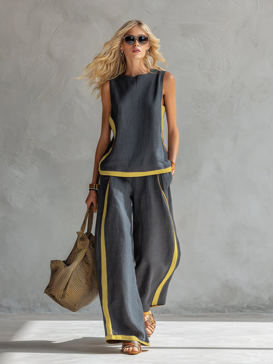 Women's Sleeveless Two Piece Set with Contrast Trim and Pants