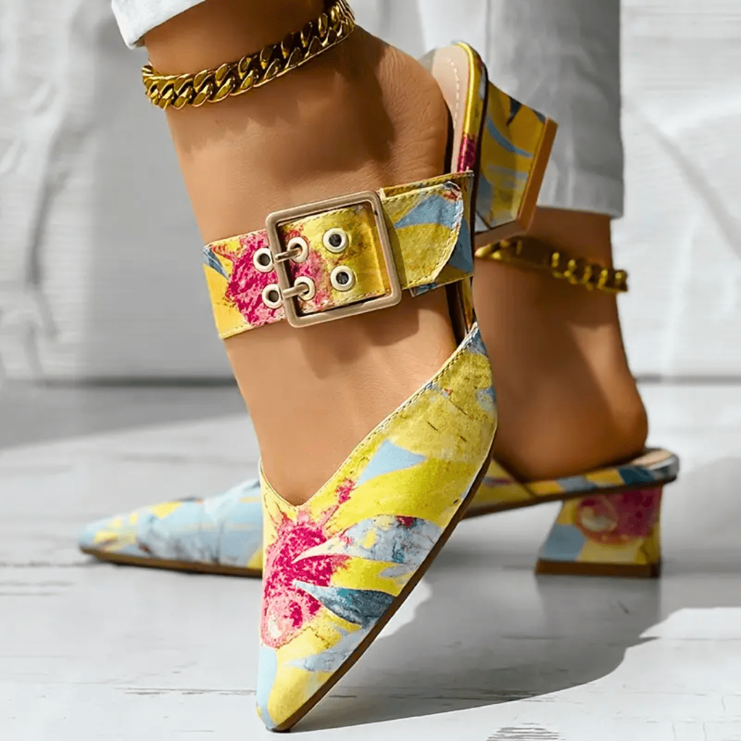 Women’s Colorful Printed Heels with Strap and Block Heel