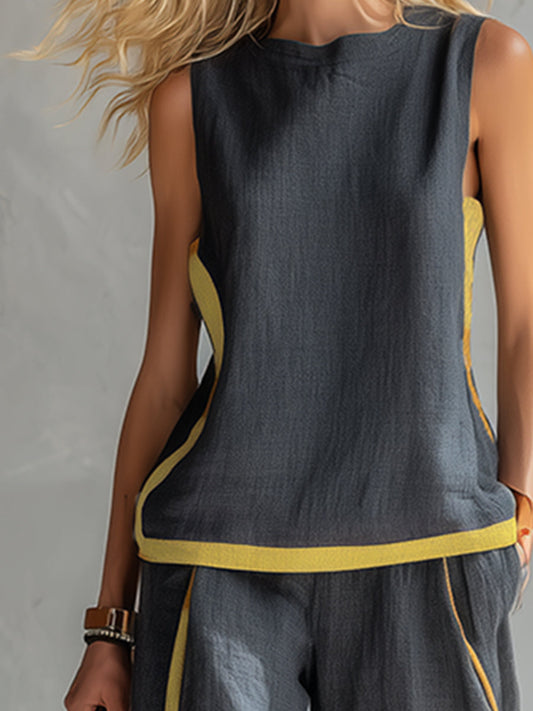 Women's Sleeveless Two Piece Set with Contrast Trim and Pants