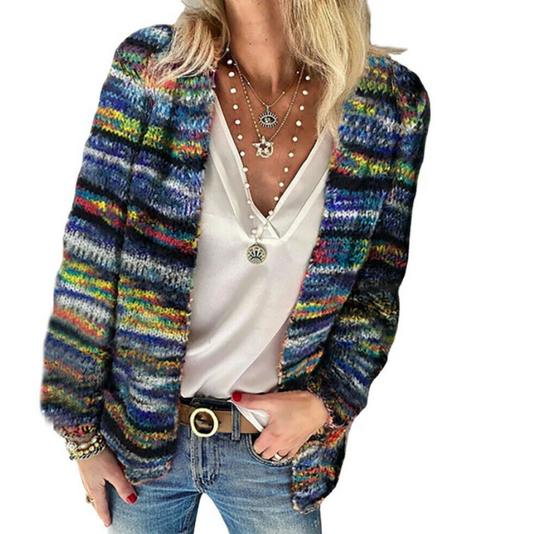 Mehrfarbige Lange Strickjacke Mit Offener Front