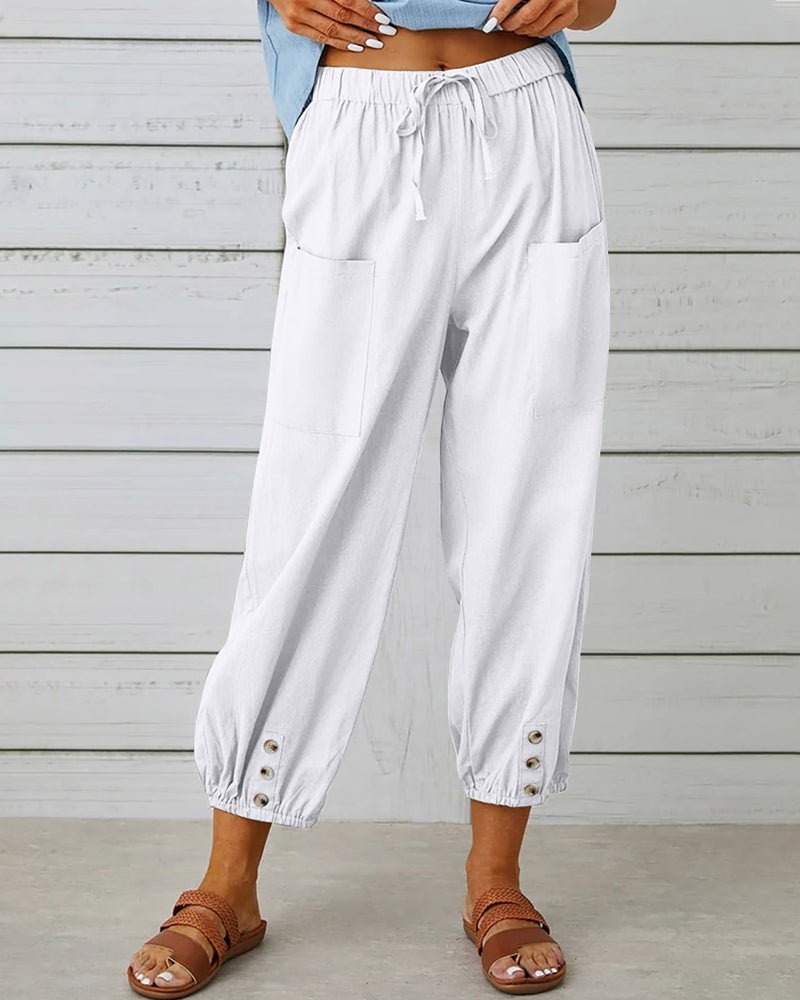Women’s High Waist Drawstring Pants with Pockets and Button Hem