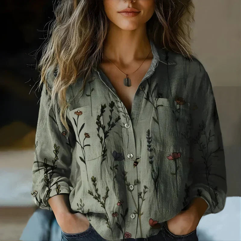 Women's Vintage Print Button Up Blouse with Relaxed Fit