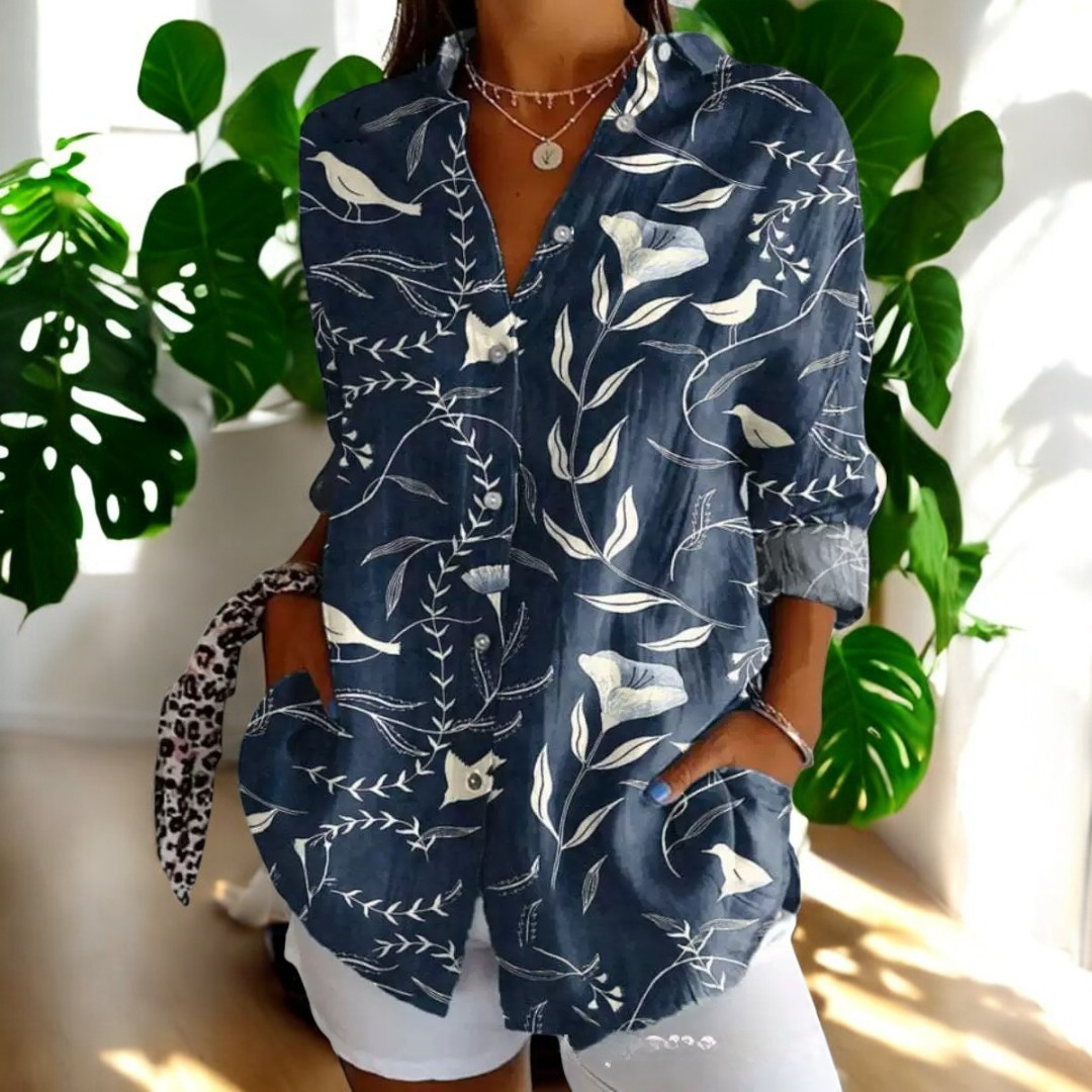 Women's V-Neck Button Blouse  Elegant Relaxed Fit Lightweight Work Shirt