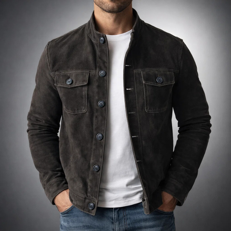 Men’s Suede Jacket with Button Closure and Utility Pockets