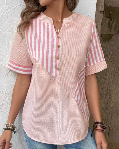 Women's Striped Button V-Neck Blouse Relaxed Fit Lightweight Casual Summer Top