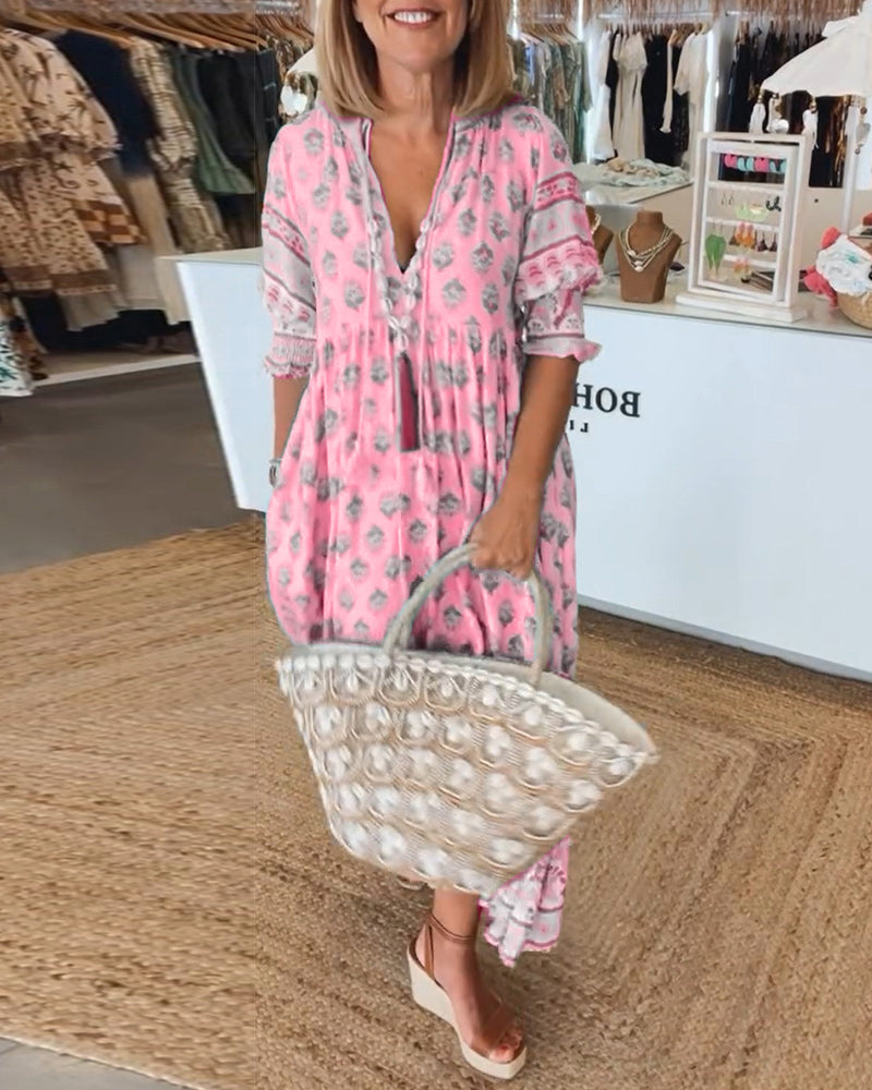Women's Printed V-Neck Midi Dress with Relaxed Fit