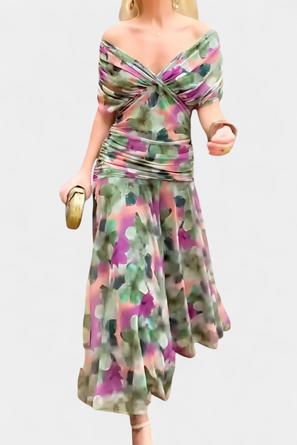 Women’s Off Shoulder Midi Dress with Fitted Waist and Flowing Skirt