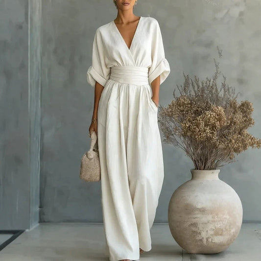 Women's Wide Leg Jumpsuit with V-Neck and Relaxed Fit