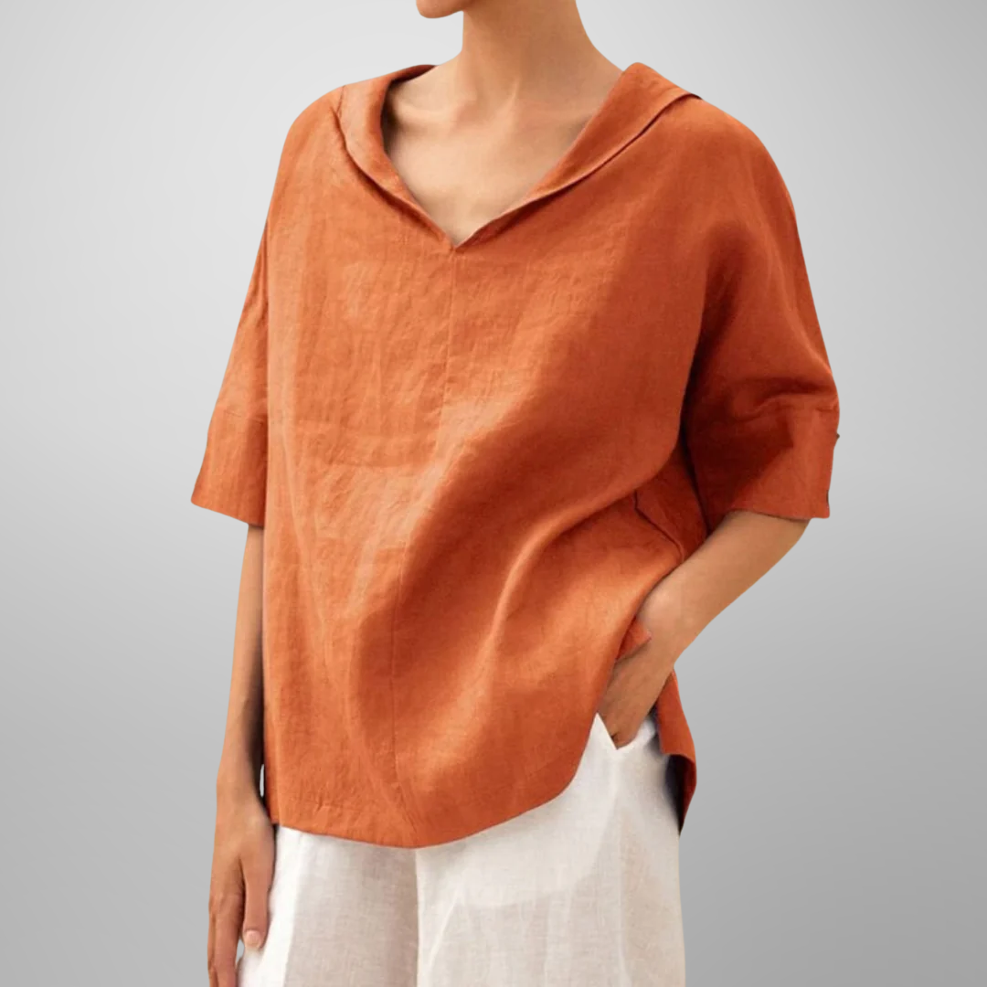 Women's Relaxed Fit Blouse with V-Neck and Short Sleeves