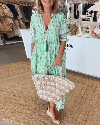 Women's Printed V-Neck Midi Dress with Relaxed Fit