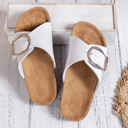 Women’s Cork Footbed Slide Sandals with Buckle Strap and Cross Design