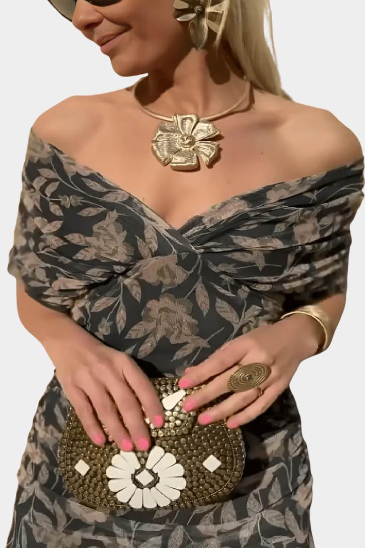 Women's Elegant Floral Pleated Dress Slim Fit Evening Midi Dress