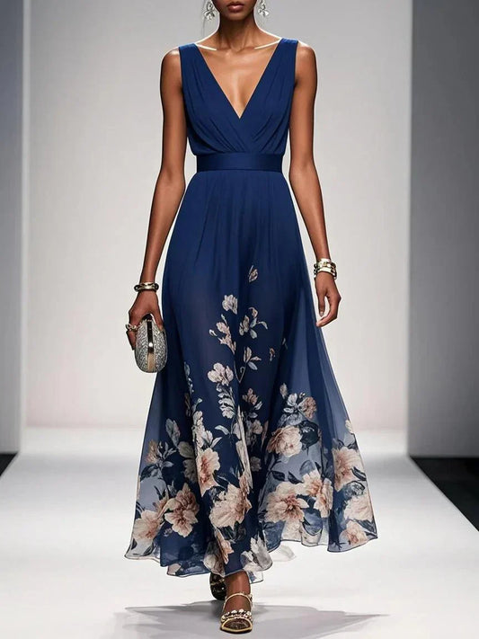 Women’s Floral V Neck Elegant Flowing Summer Maxi Dress