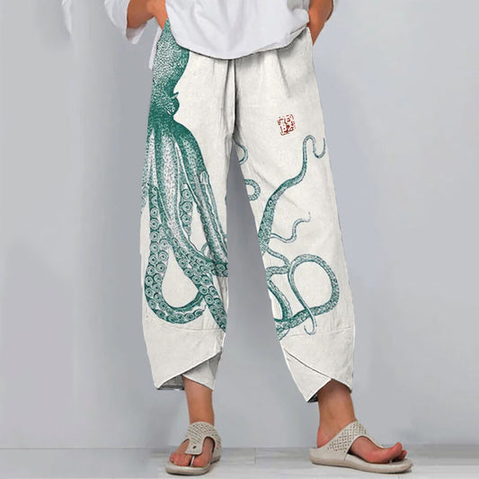 Women's Octopus Print Wide Leg Pants – Relaxed Fit Lightweight Casual Statement Trousers