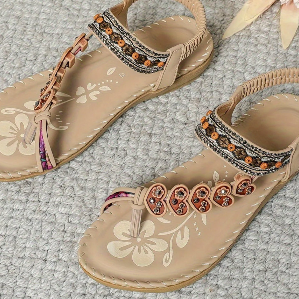 Women’s Boho Floral Flat Sandals with Toe Loop and Decorative Straps
