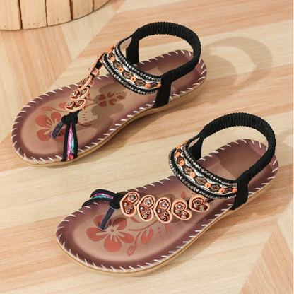 Women’s Boho Floral Flat Sandals with Toe Loop and Decorative Straps