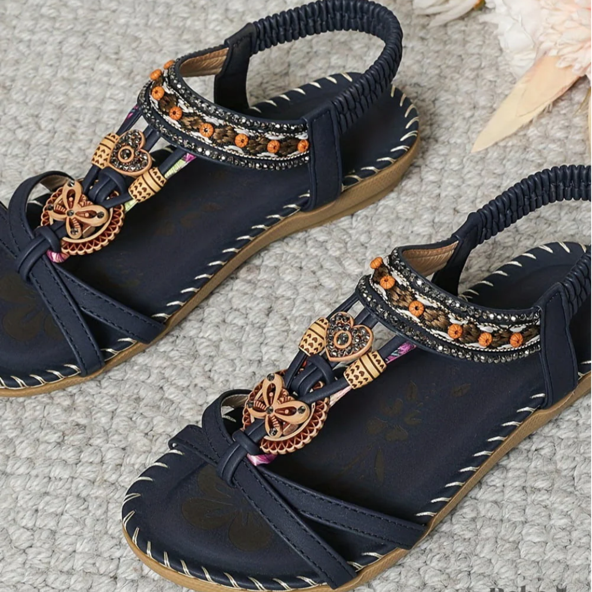 Women’s Boho Floral Flat Sandals with Toe Loop and Decorative Straps