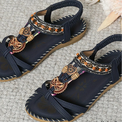 Women’s Boho Floral Flat Sandals with Toe Loop and Decorative Straps