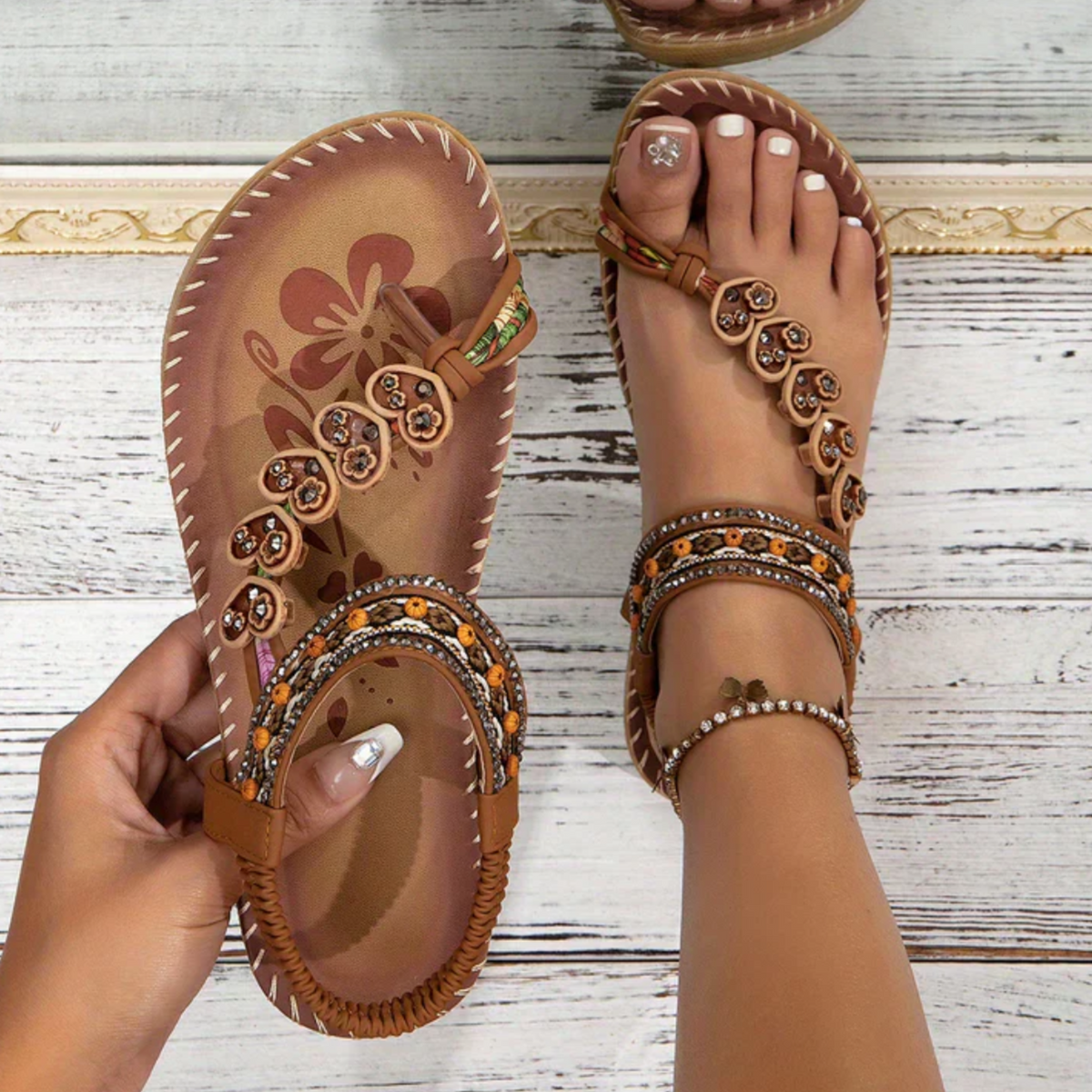 Women’s Boho Floral Flat Sandals with Toe Loop and Decorative Straps